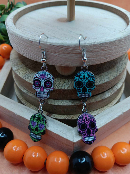 White, Green, Teal, & Purple Day of the Dead Skeleton Earrings
