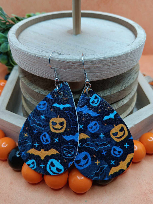 Blue Halloween Patterned Leather Style Earrings w/ Bats & Jack O' Lanterns