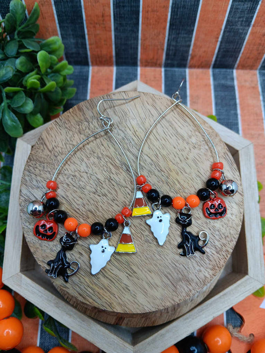 Silver Teardrop Halloween Earrings w/ Candy Corn, Ghosts, & Jack O' Lanterns