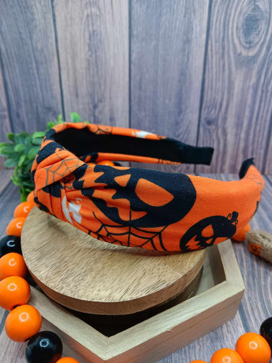 Orange Halloween Headband w/ Jack O' Lantern & Spider Web