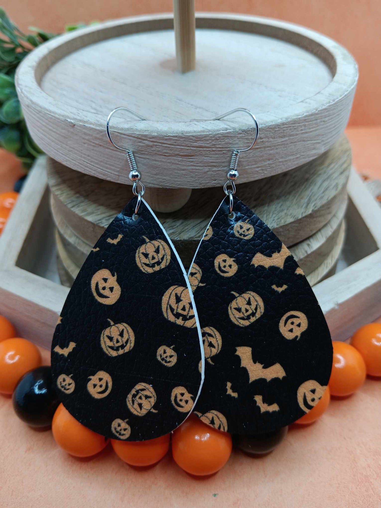 Black & Orange Leather Style Earrings w/ Jack O' Lanterns & Bats