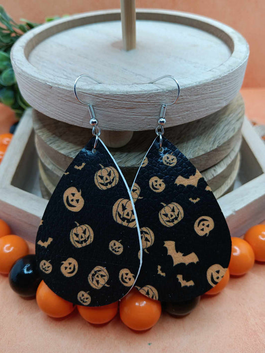 Black & Orange Leather Style Earrings w/ Jack O' Lanterns & Bats