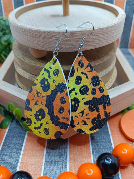 Yellow & Orange Halloween Patterned Earings w/ Skeletons & Bats