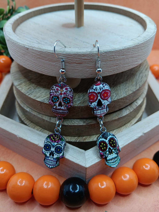 Purple, White, Blue, & Teal Day of the Dead Skeleton Earrings