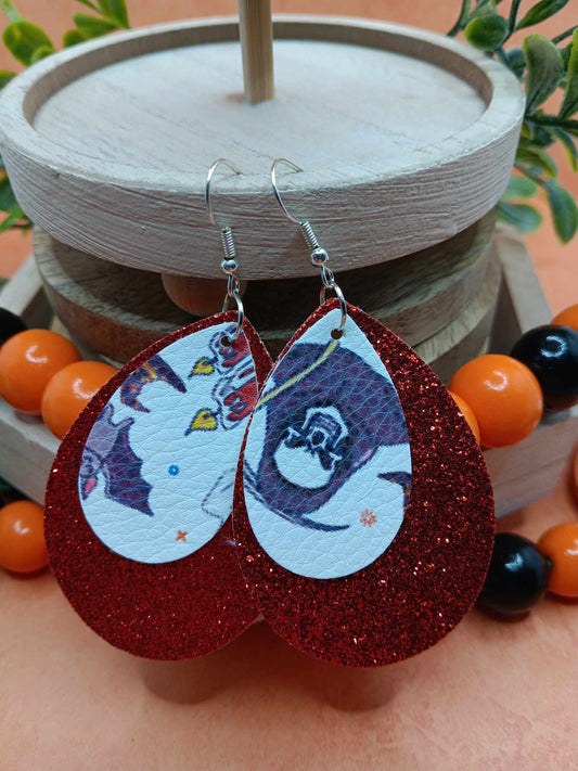 Double Layered Red Glitter w/ Bat Design Leather Style Earrings