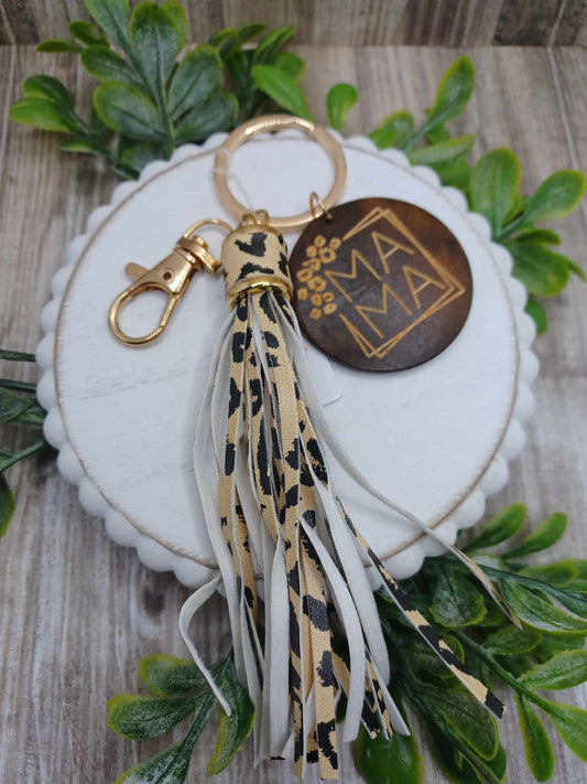 Beige Leopard Print Mama Wooden Engraved Keychain