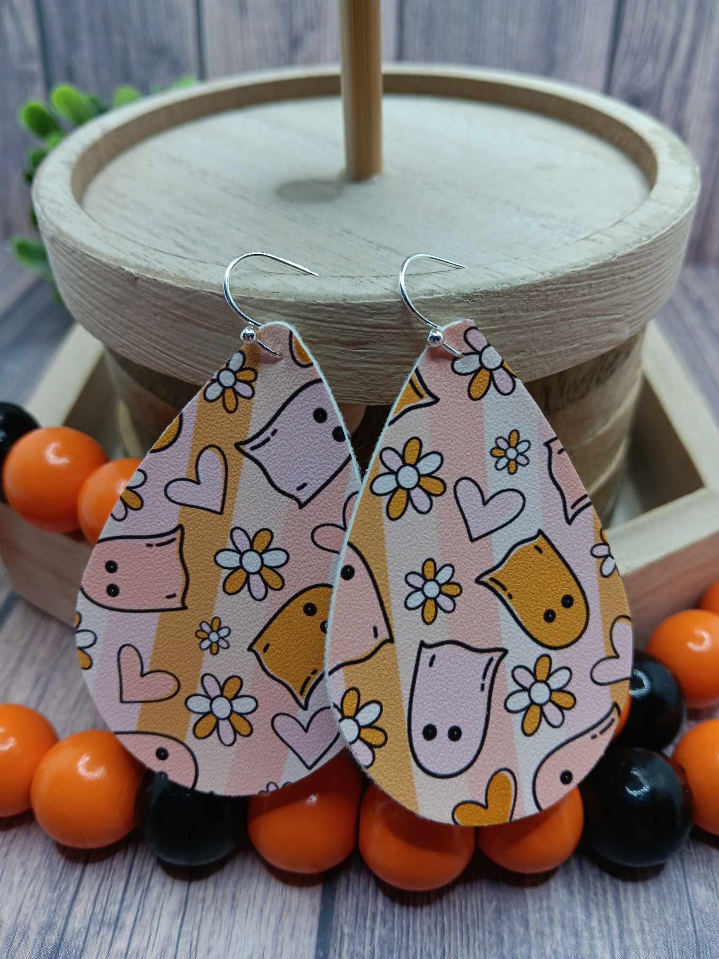 Retro Halloween Themed Leather Style Earrings w/ Ghosts, Flowers, & Hearts