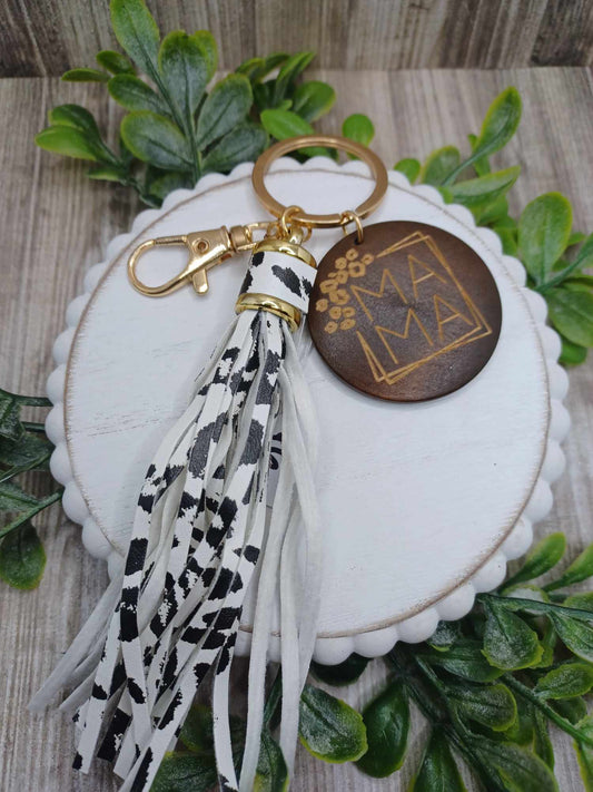 Cow Print Mama Wooden Engraved Keychain
