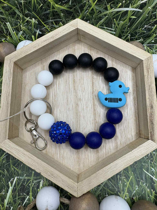 Blue, Black, & Whie Beaded Duck Wristlet Keychain