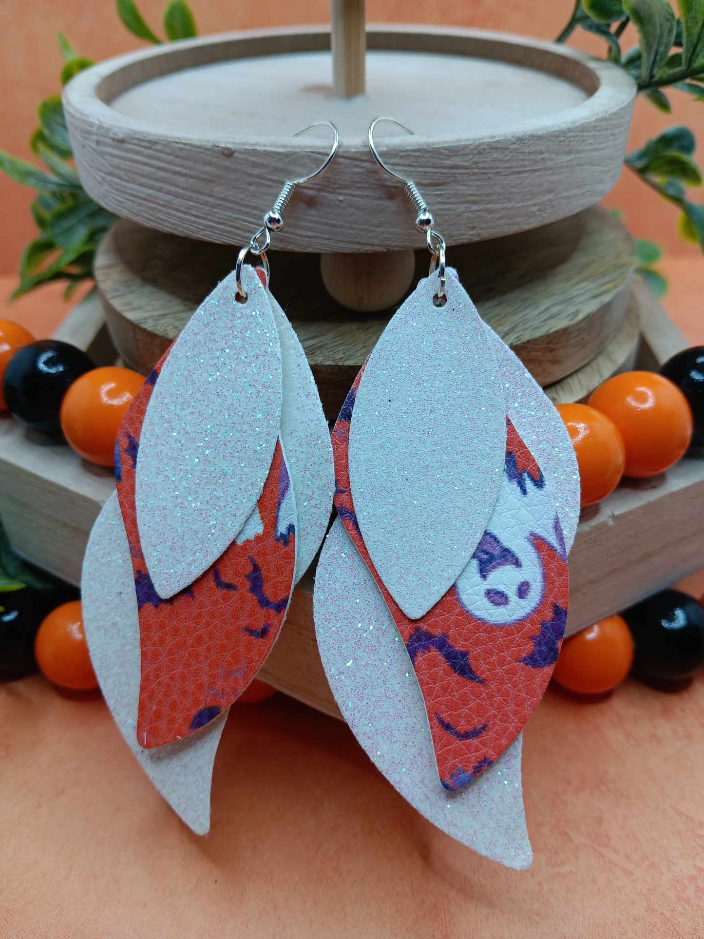 Triple Layered White Glitter w/ Ghost Design Leather Style Earrings