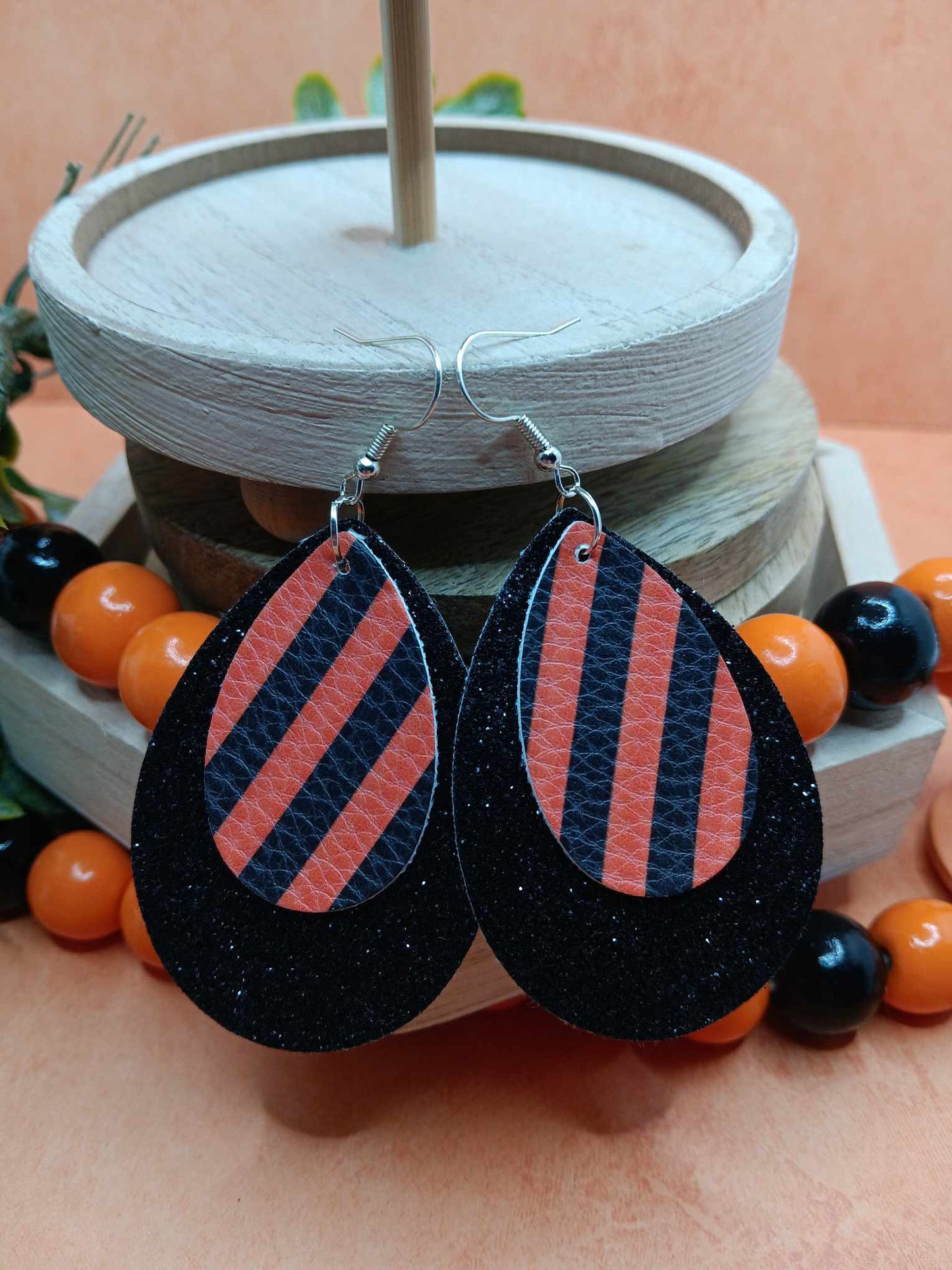 Double Layered Black Glitter w/ Orange Striped Leather Style Earrings