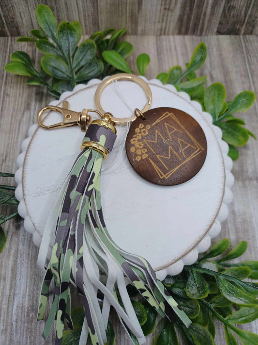 Green Camo Print Mama Wooden Engraved Keychain