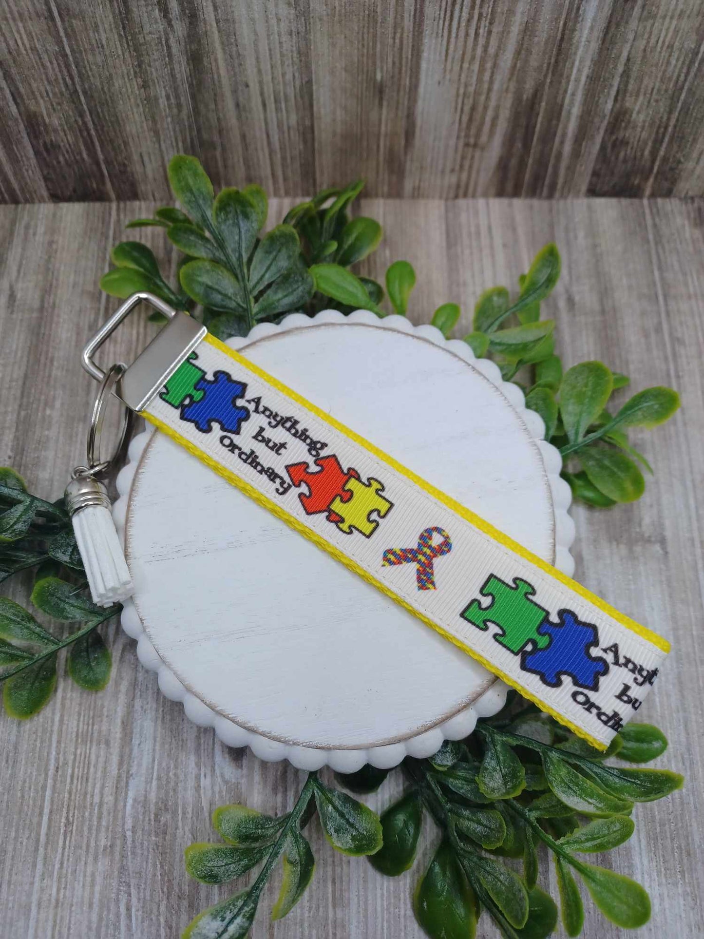 Yellow Anything but Ordinary Puzzle Piece & Ribbon Wristlet Keychain