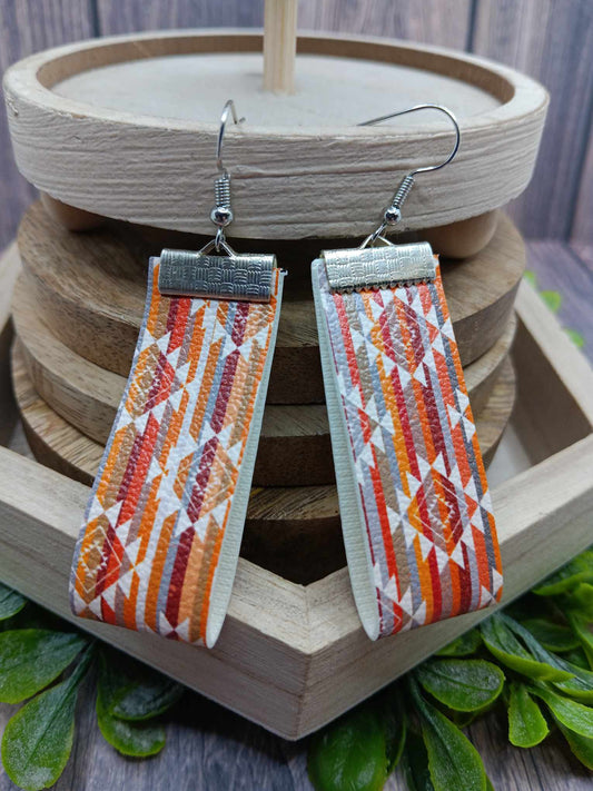 Orange, Red, & White Leather Aztec Style Earrings