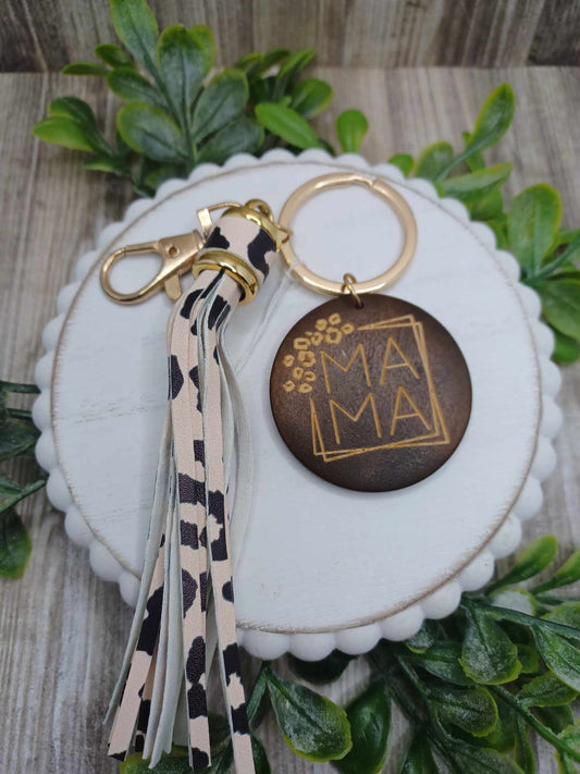 Tan Leopard Print Mama Wooden Engraved Keychain