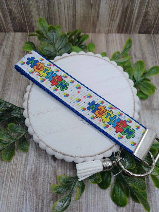 Blue Autism Puzzle Piece Wristlet Keychain