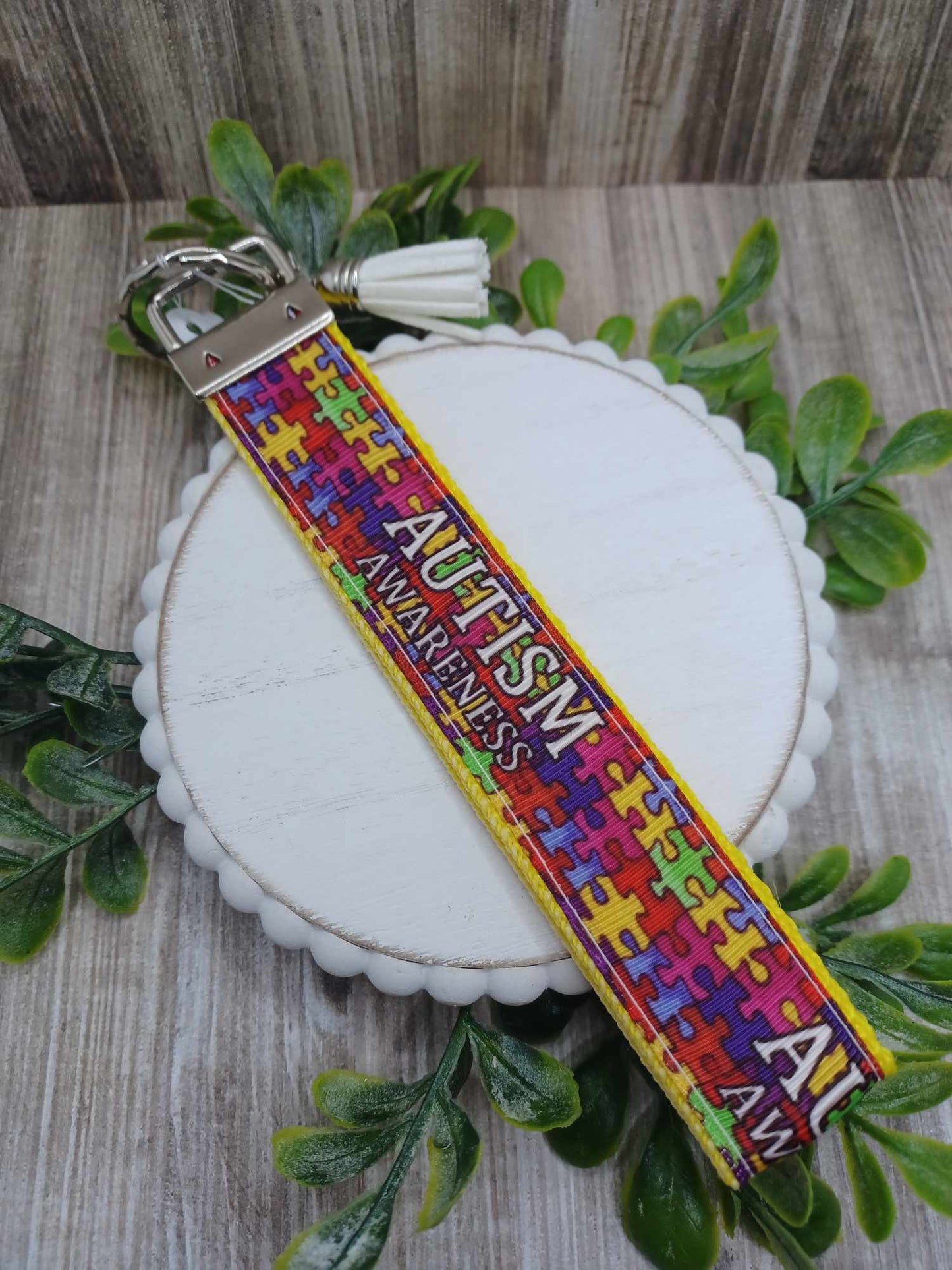 Autism Awareness Yellow Puzzle Piece Wristlet Keychain