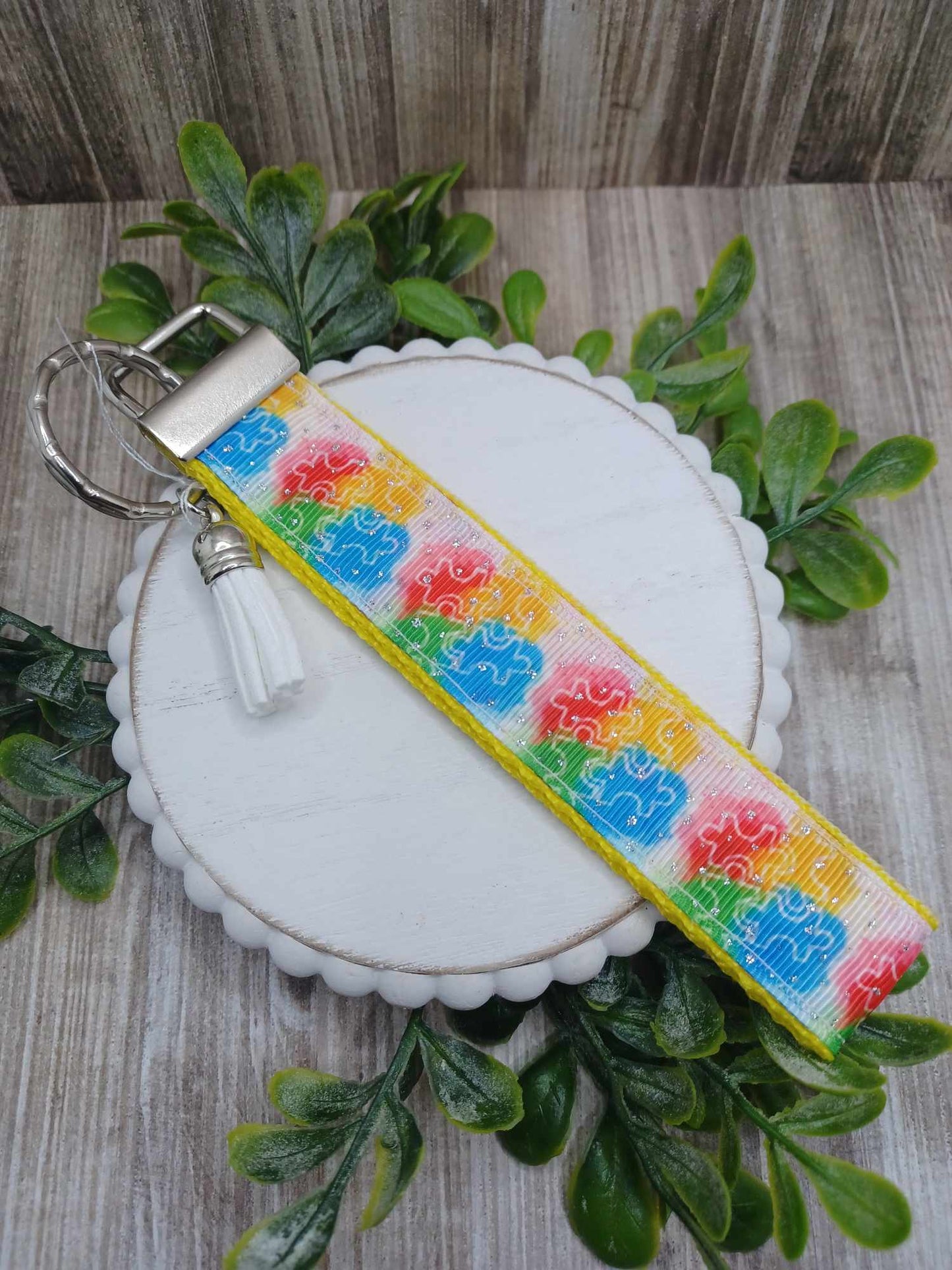 Yellow Glitter Puzzle Piece Wristlet Keychain