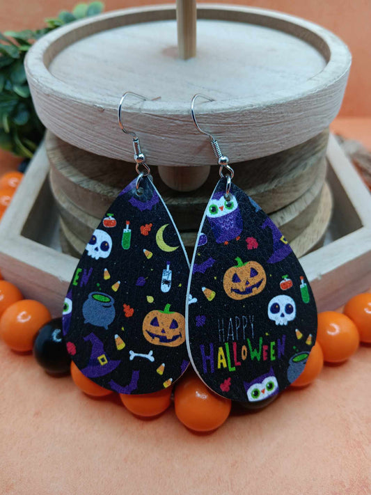 Black Happy Halloween Earrings w/ Skulls & Jack O' Lantern