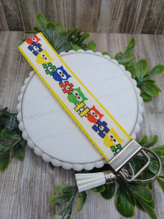 Yellow Owl Puzzle Piece Autism Awareness Keychain