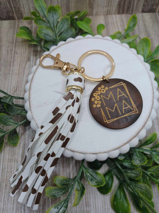 Brown Cow Print Mama Wooden Engraved Keychain