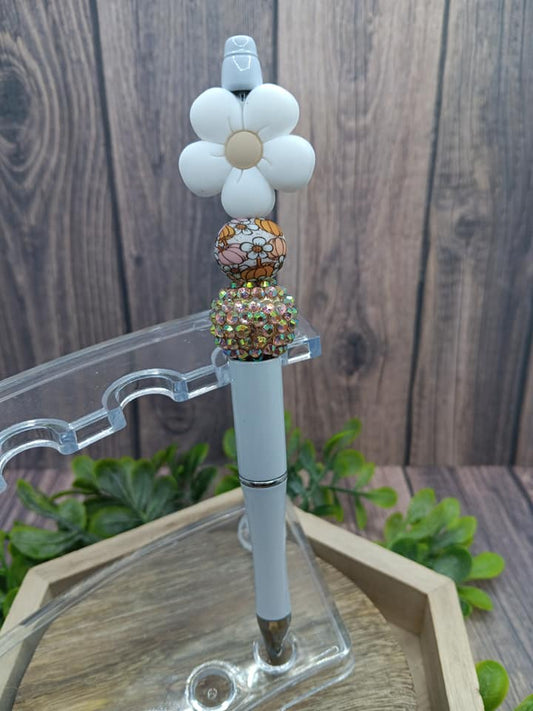 White Flower Beaded Ink Pen