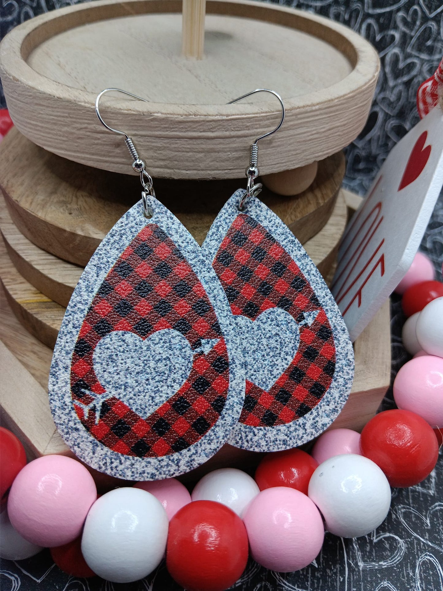 Red Plaid Earrings w/ Grey Heart
