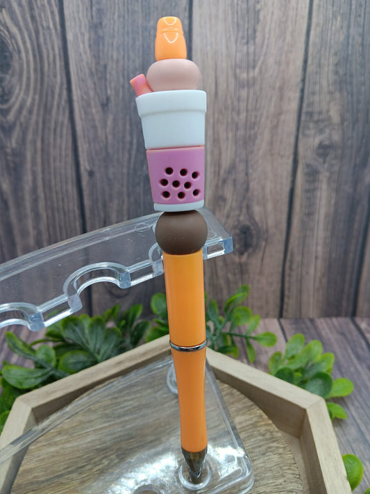 Pink & Orange Bubble Tea Beaded Ink Pen