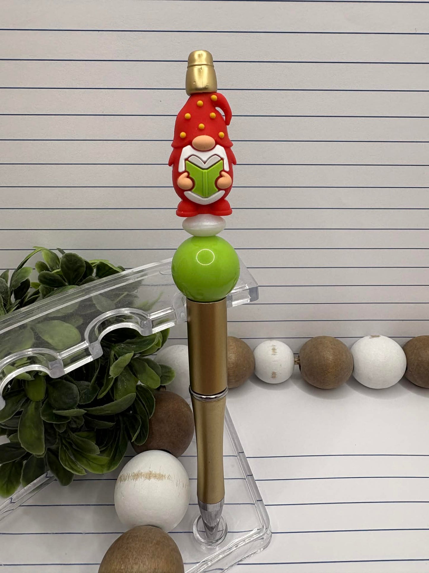 Gnome Holding a Book Teacher Themed Beaded Ink Pen