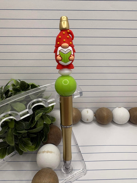 Gnome Holding a Book Teacher Themed Beaded Ink Pen