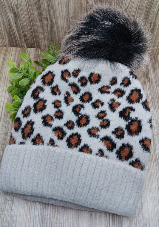 Grey Leopard Winter Hat w/ Pom