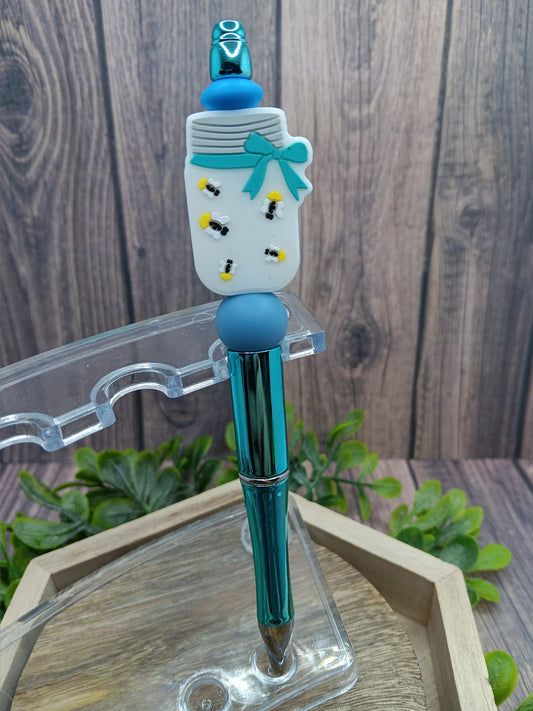 Blue Mason Jar w/ Bees Beaded Ink Pen