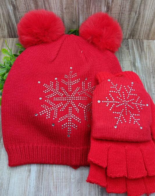 Red Winter Hat & Glove Set w/ Snowflake Rhinestone Design
