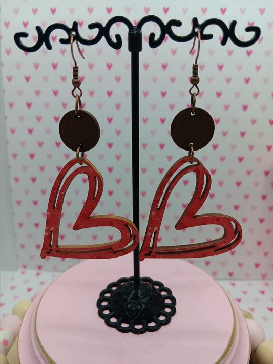 Red Wooden Heart Cutout Earrings