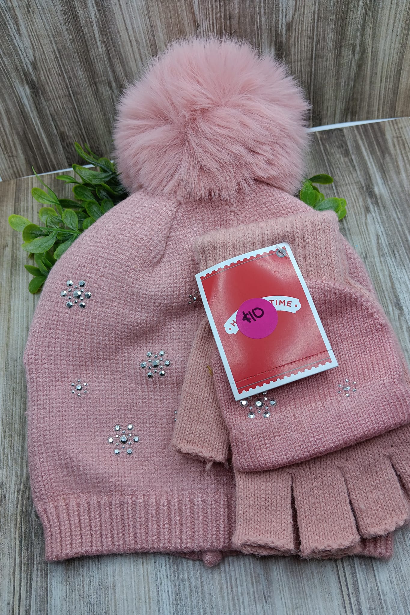 Ash Pink Winter Hat & Glove Set w/ Rhinestone Snowflake Design
