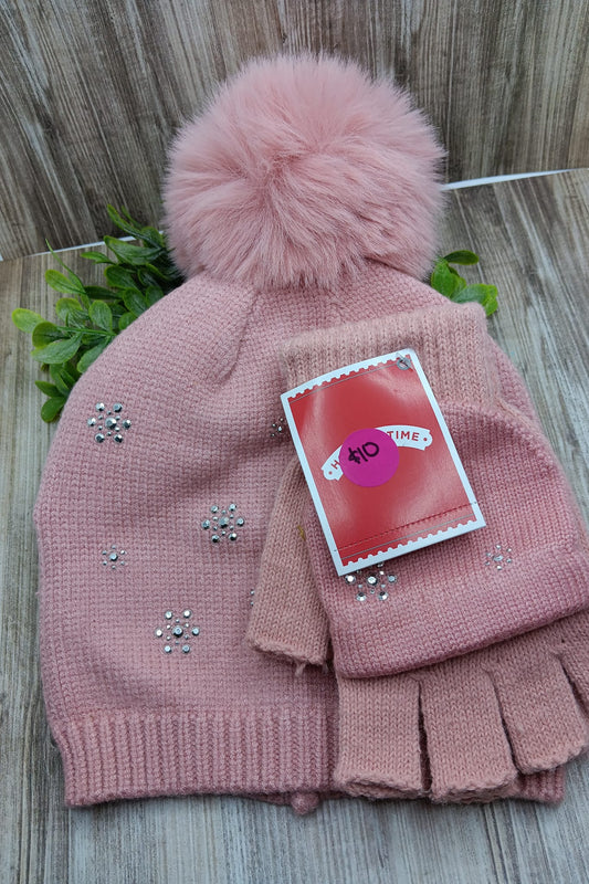 Ash Pink Winter Hat & Glove Set w/ Rhinestone Snowflake Design