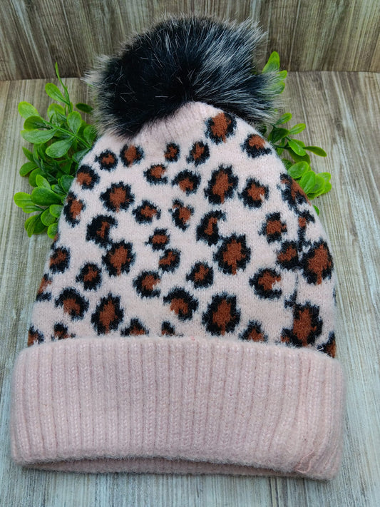 Pink Leopard Winter Hat w/ Fuzzy Pom