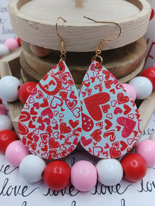 White & Red Heart Leather Style Earrings