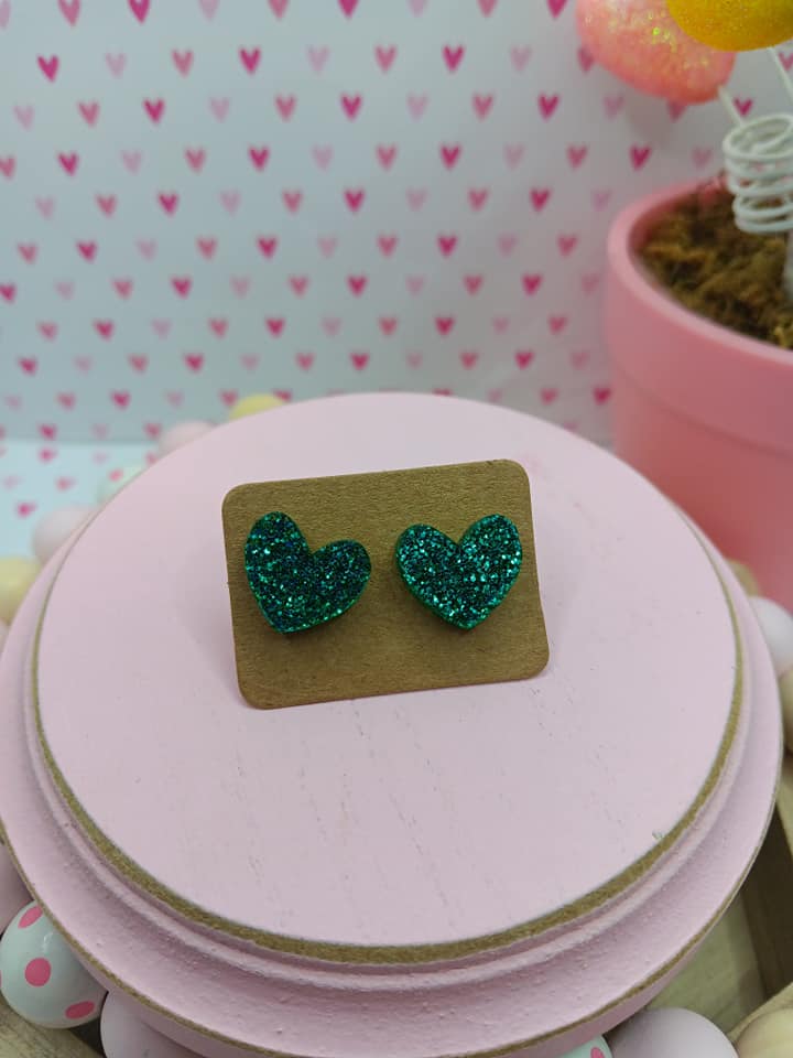 Green Glitter Heart Earrings