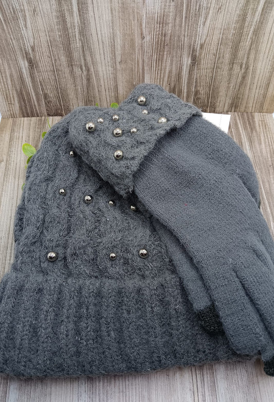 Grey Winter Hat & Glove Set w/ Silver Pearl Accents
