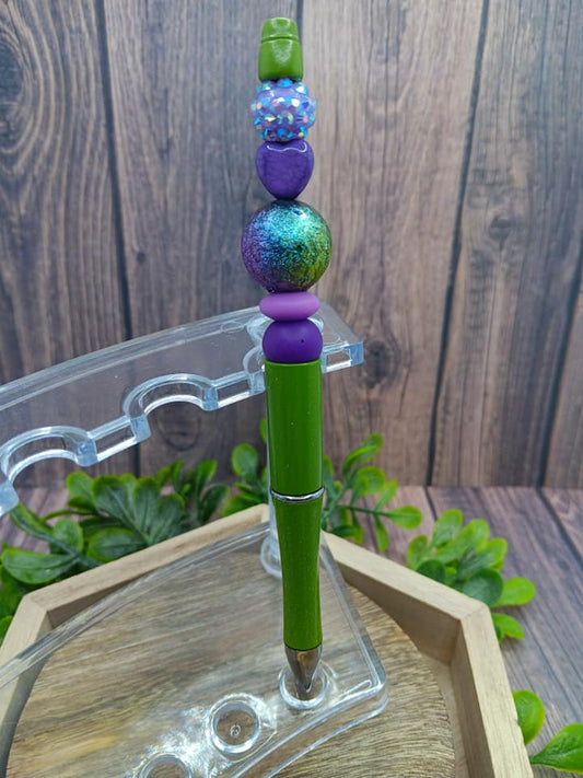 Purple & Green Heart Beaded Ink Pen