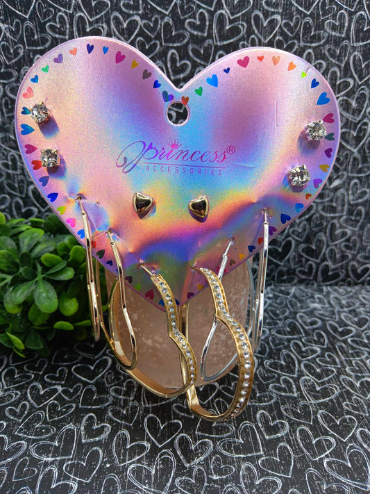 Heart Hoop Earring Set - Comes with 6 pairs - White Rhinestone Set