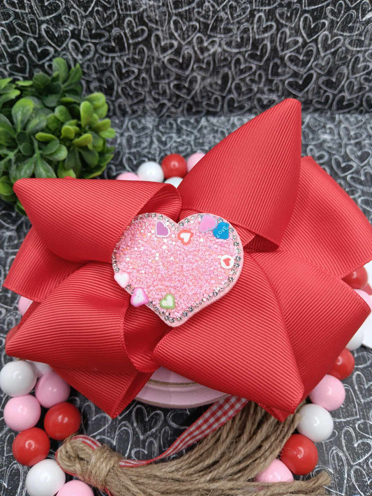Red Bow w/ Sequin Glitter Heart Embellishment