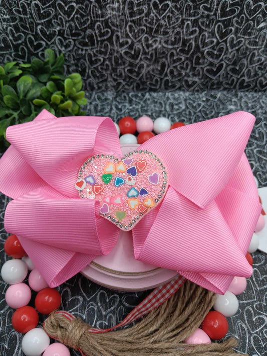 Medium Pink Bow w/ Sequin Glitter Heart Embellishment