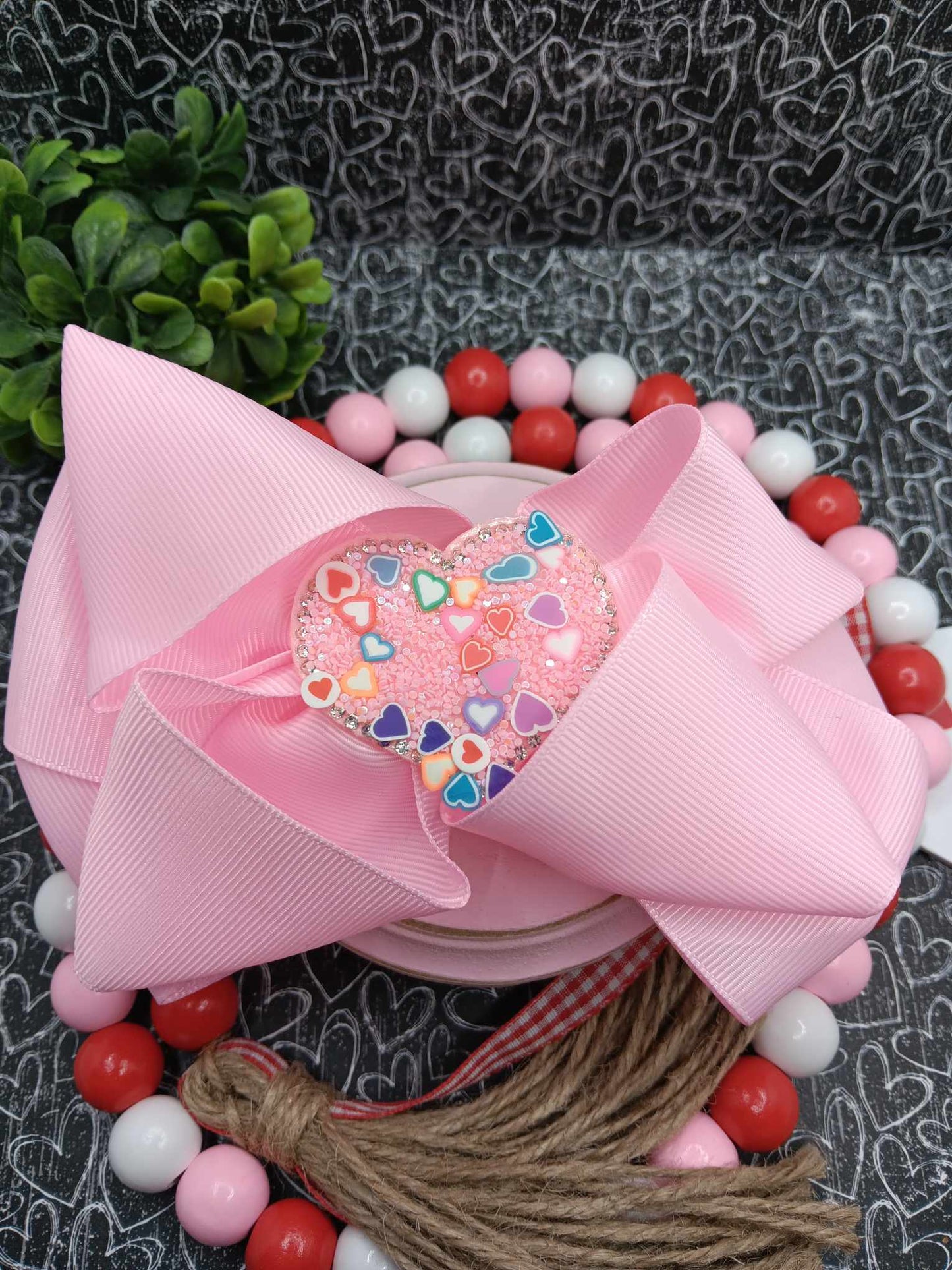 Light Pink Bow w/ Sequin Glitter Heart Embellishment
