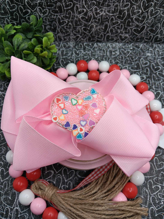 Light Pink Bow w/ Sequin Glitter Heart Embellishment