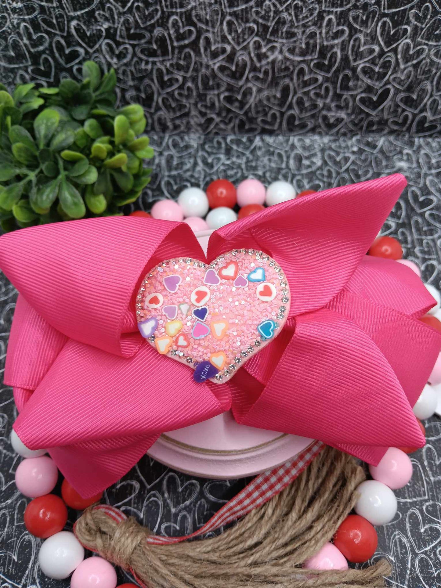 Hot Pink Bow w/ Sequin Glitter Heart Embellishment