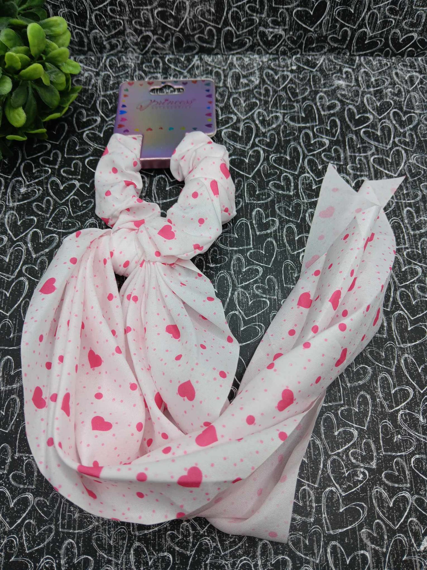 White w/ Pink Hearts Hair Scrunch Scarf
