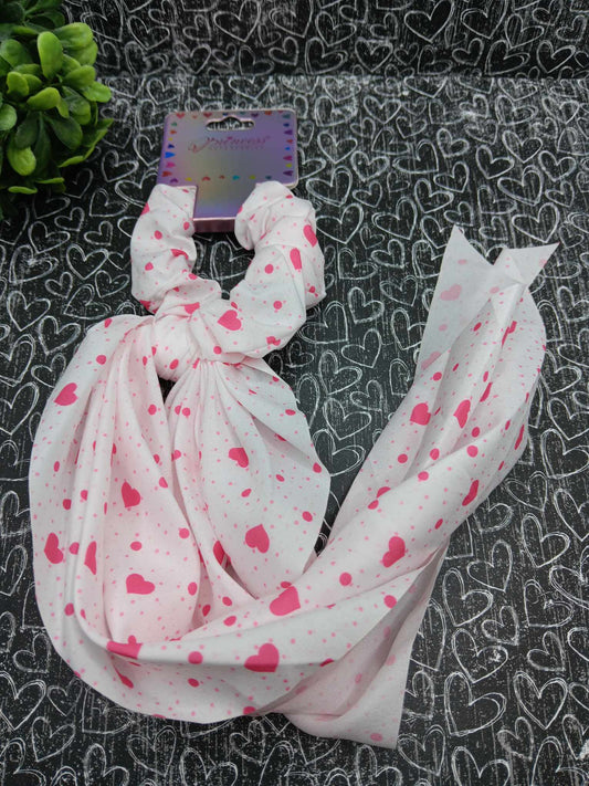 White w/ Pink Hearts Hair Scrunch Scarf