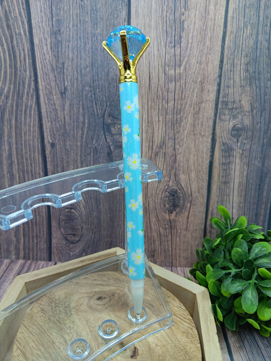 Blue Glitter Floral Diamond Pen